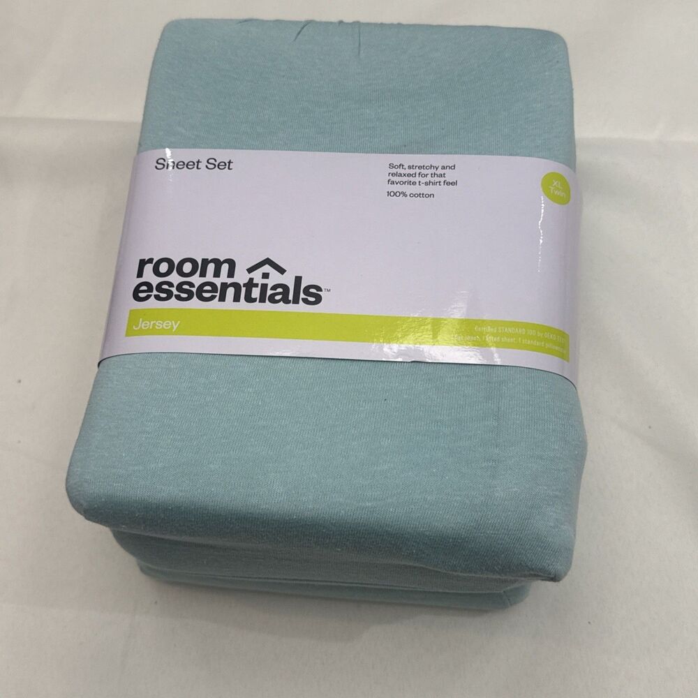 Twin XL Sheet Set Jersey Room Essentials Soft Aqua/Light Blue New With Tags